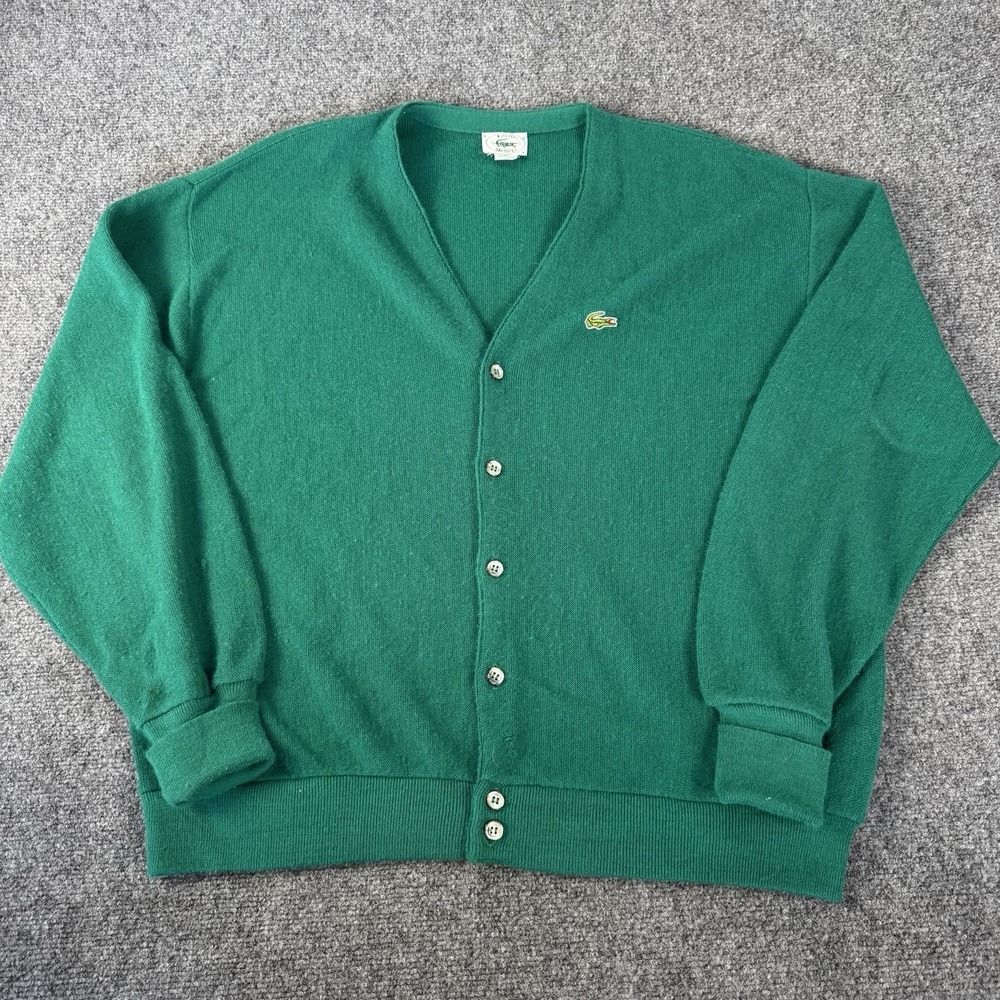 Vintage Izod Lacoste Mens Green Cardigan Sweater Crocodile Logo Size XL USA 80s